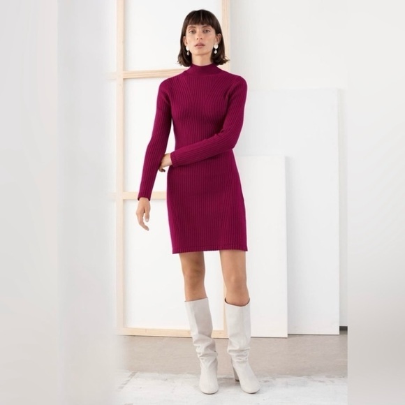 & Other Stories Wool Blend Ribbed Knit Mock Neck Sweater Dress, Size Large - Picture 1 of 10
